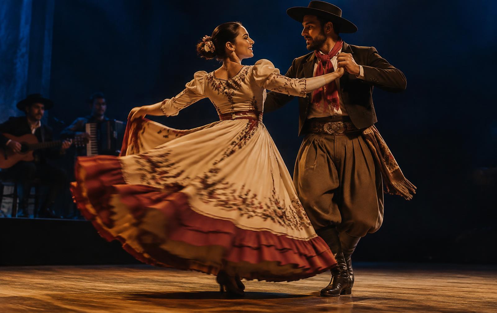 Casal de dançarinos gaúchos se apresentando em um palco